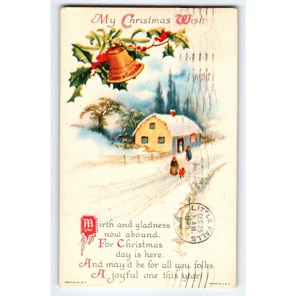Vintage 1925 Christmas Postcard Snowy Cottage & Bell Holiday Wish - Picture 1 of 2